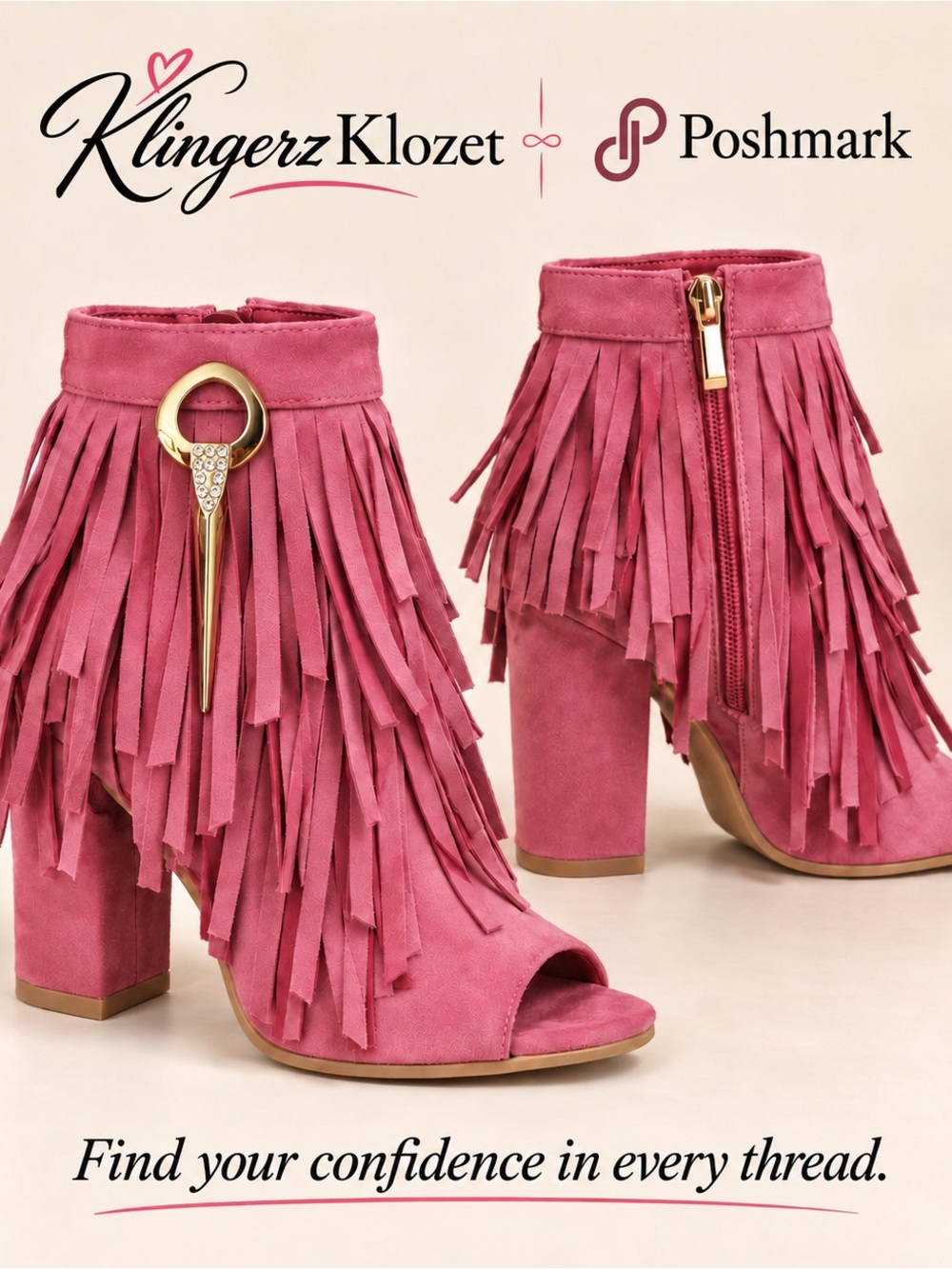 Hot Pink Fringe Peep Toe Booties Chunky Heel EU 41 NWOT